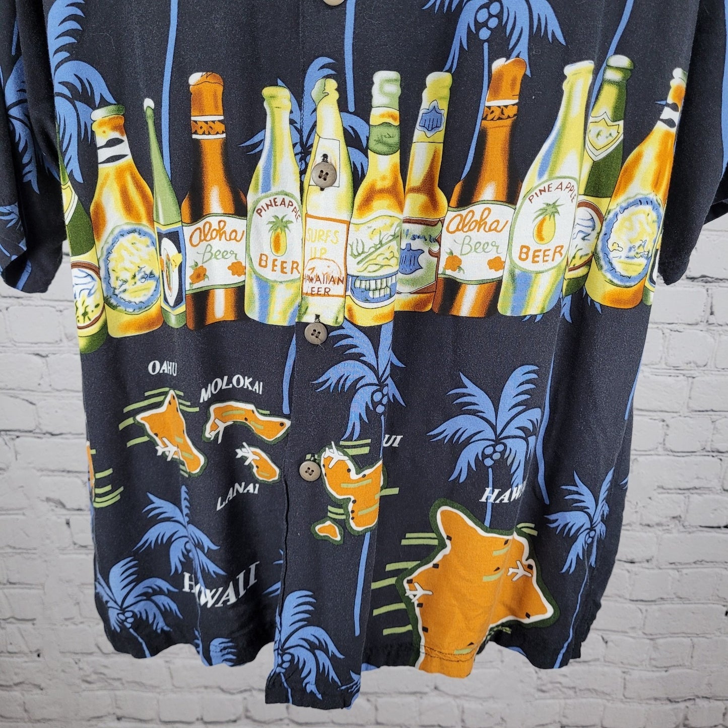 VTG Thumbs Up Black Hawaiian Palm Trees & Beer Button Up Shirt Size XXL