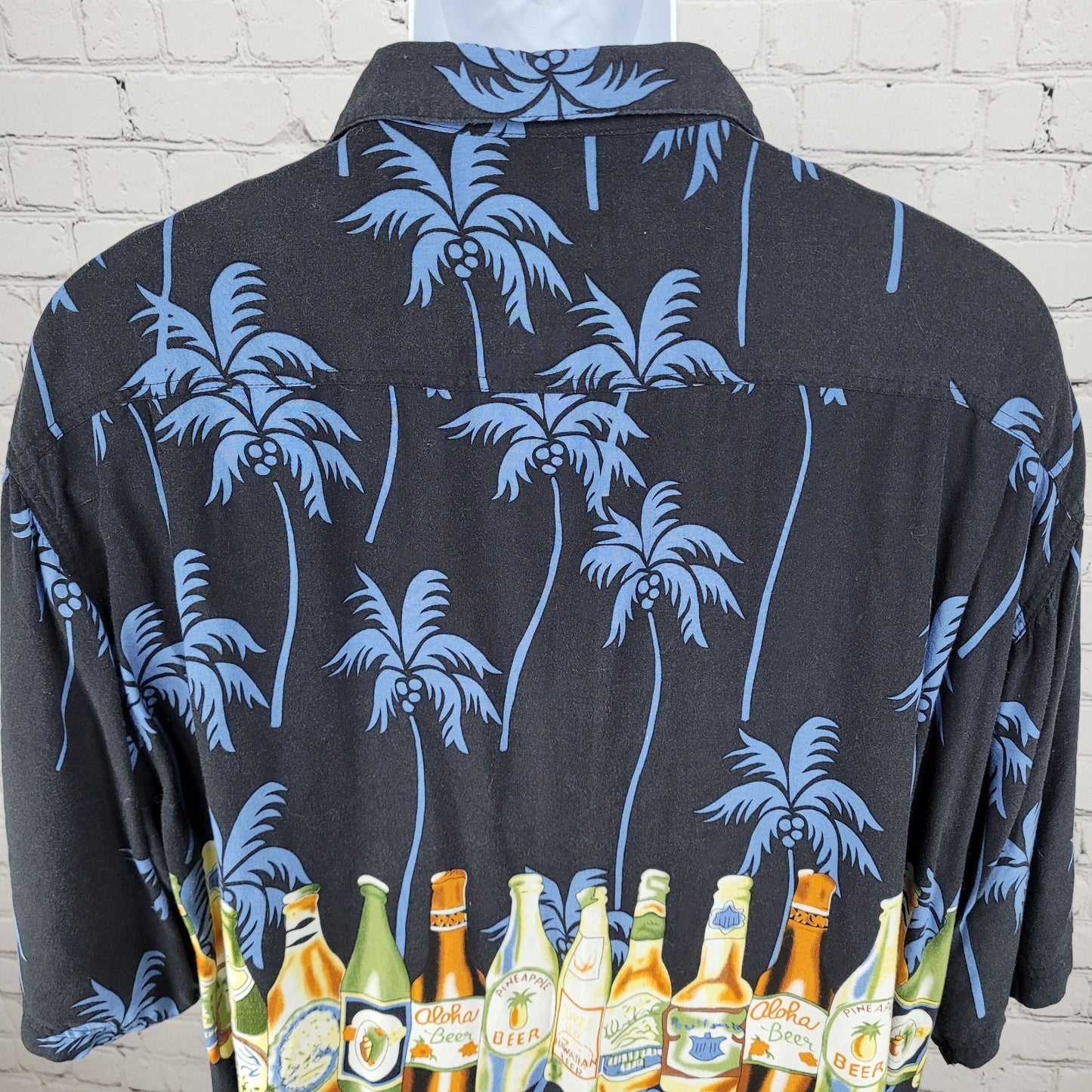 VTG Thumbs Up Black Hawaiian Palm Trees & Beer Button Up Shirt Size XXL