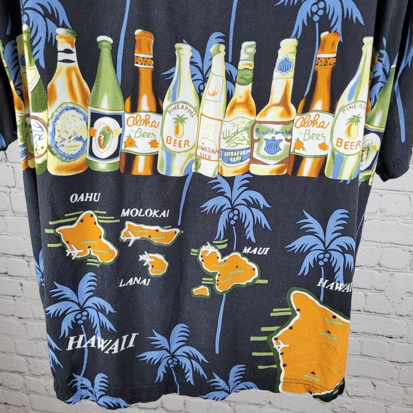 VTG Thumbs Up Black Hawaiian Palm Trees & Beer Button Up Shirt Size XXL
