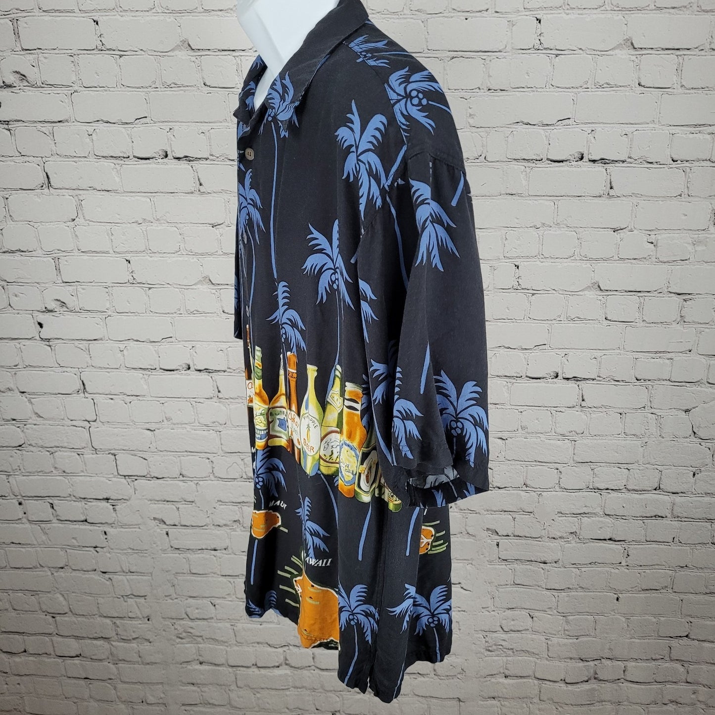 VTG Thumbs Up Black Hawaiian Palm Trees & Beer Button Up Shirt Size XXL