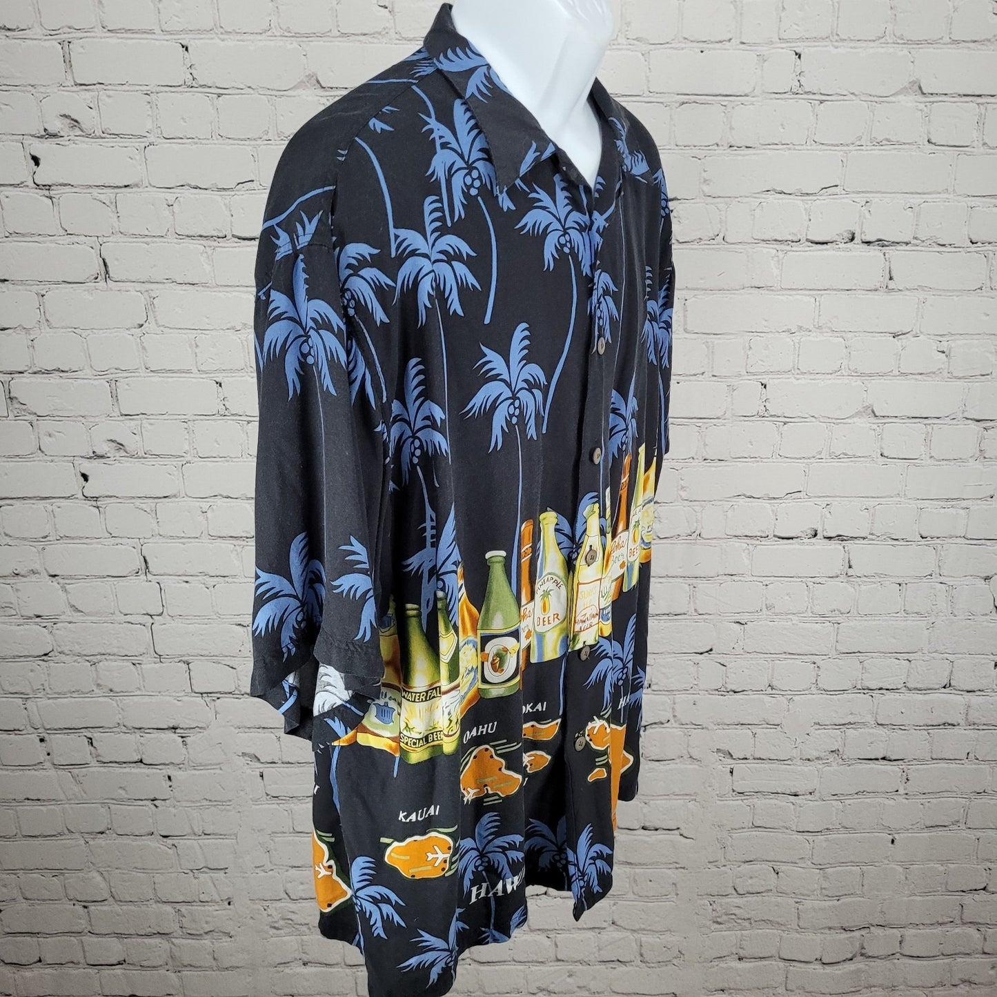 VTG Thumbs Up Black Hawaiian Palm Trees & Beer Button Up Shirt Size XXL