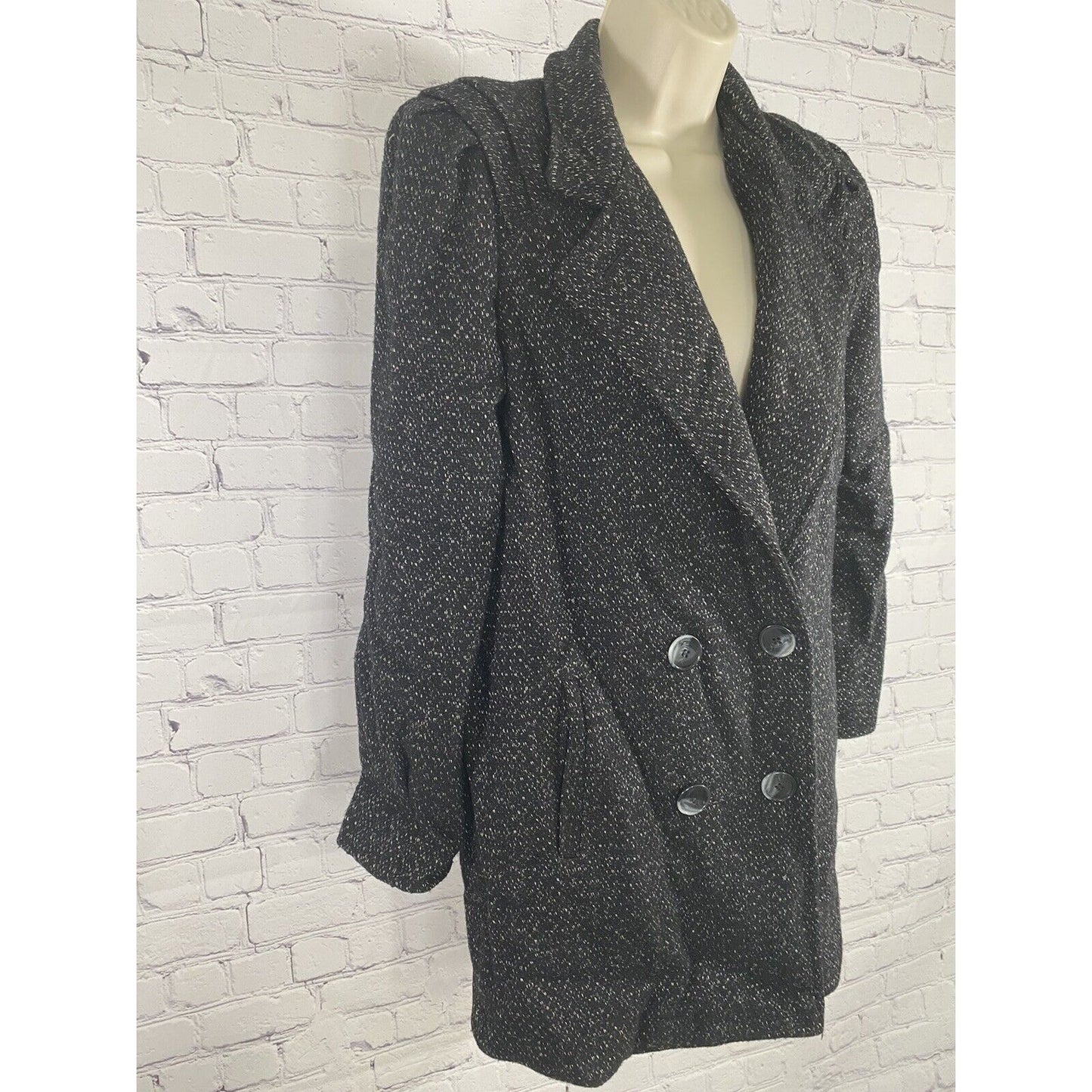 Vintage New York Girl Black Shoulder Pleated Double Breasted Pea Coat Jacket 6