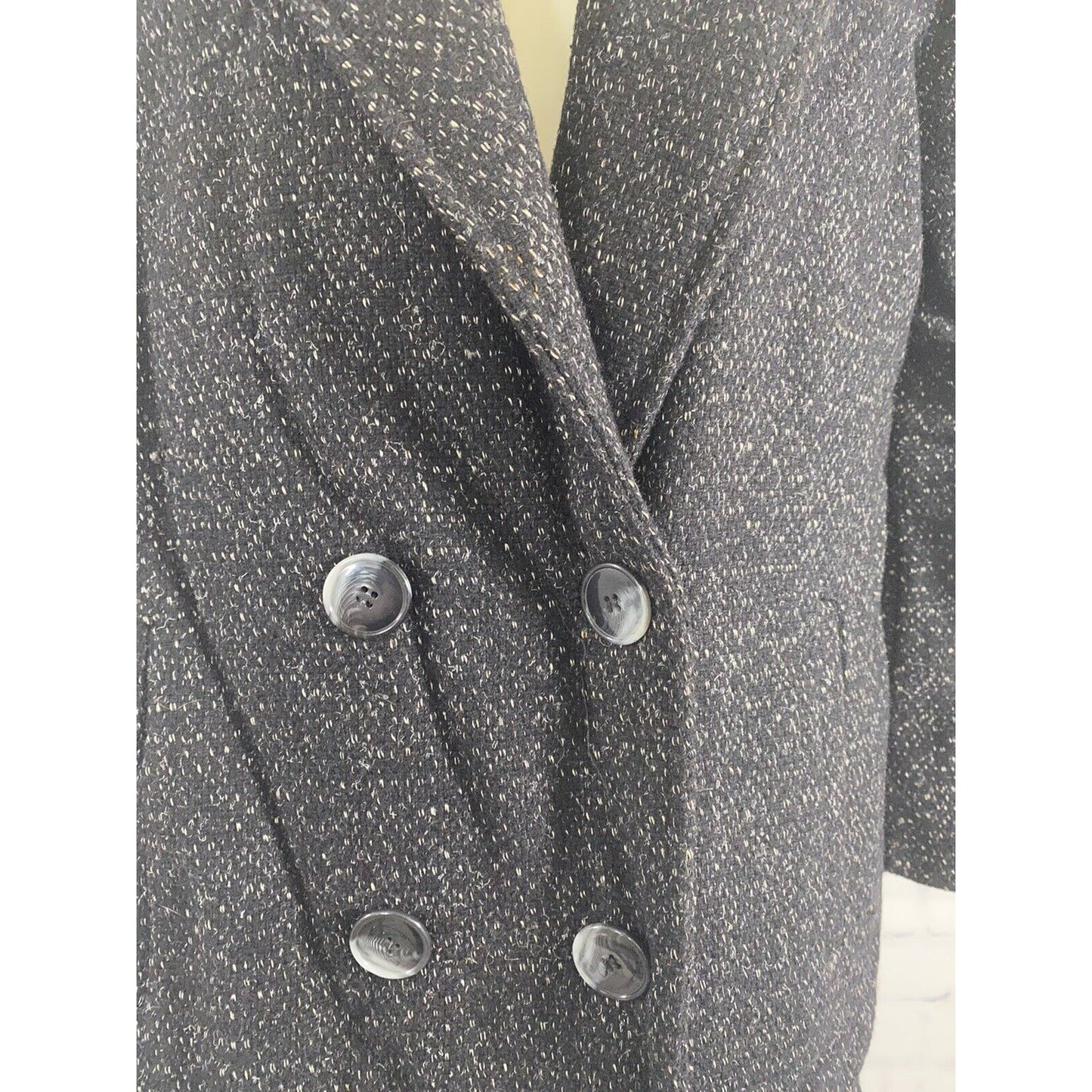 Vintage New York Girl Black Shoulder Pleated Double Breasted Pea Coat Jacket 6