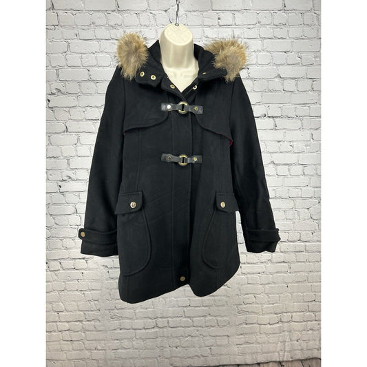 Trina Turk Wool Blend Full Zip Buckle Snap Close Coyote Fur Lined Hood Coat 6