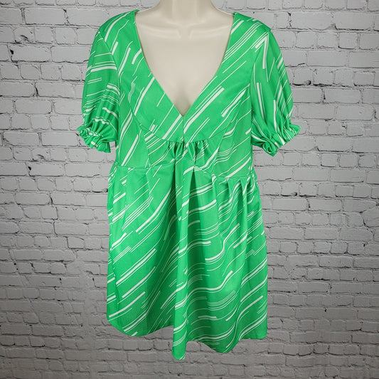 Elly Abels Green Handmade Retro Puff Sleeve Back Tie Stretch Dress Size Small S