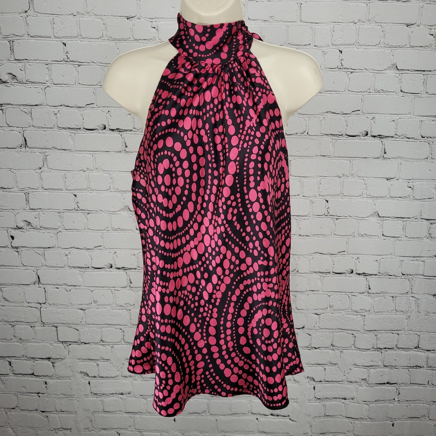 INC Black Pink 100% Silk Dots Sleeveless High Neck Tie Lined Top Blouse 14