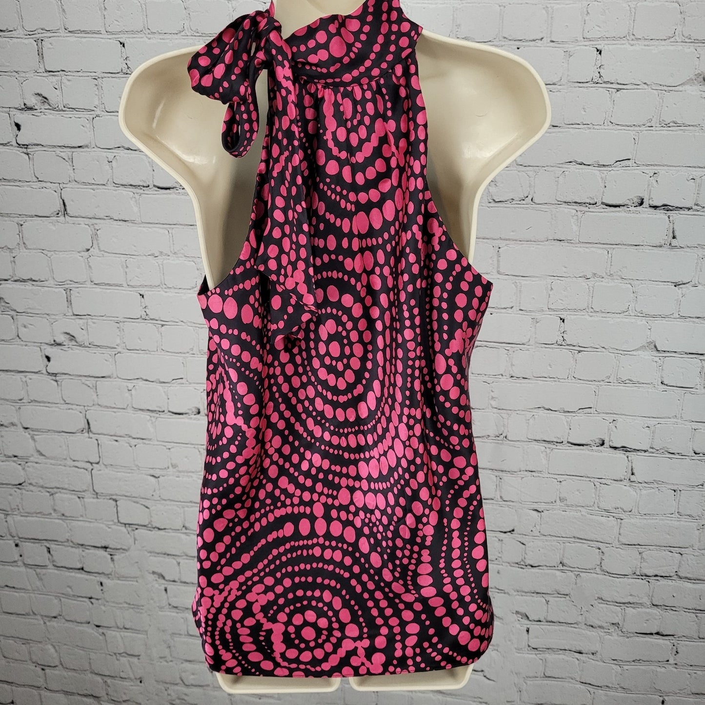 INC Black Pink 100% Silk Dots Sleeveless High Neck Tie Lined Top Blouse 14