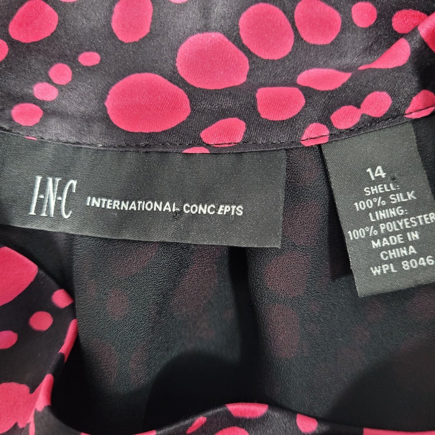 INC Black Pink 100% Silk Dots Sleeveless High Neck Tie Lined Top Blouse 14