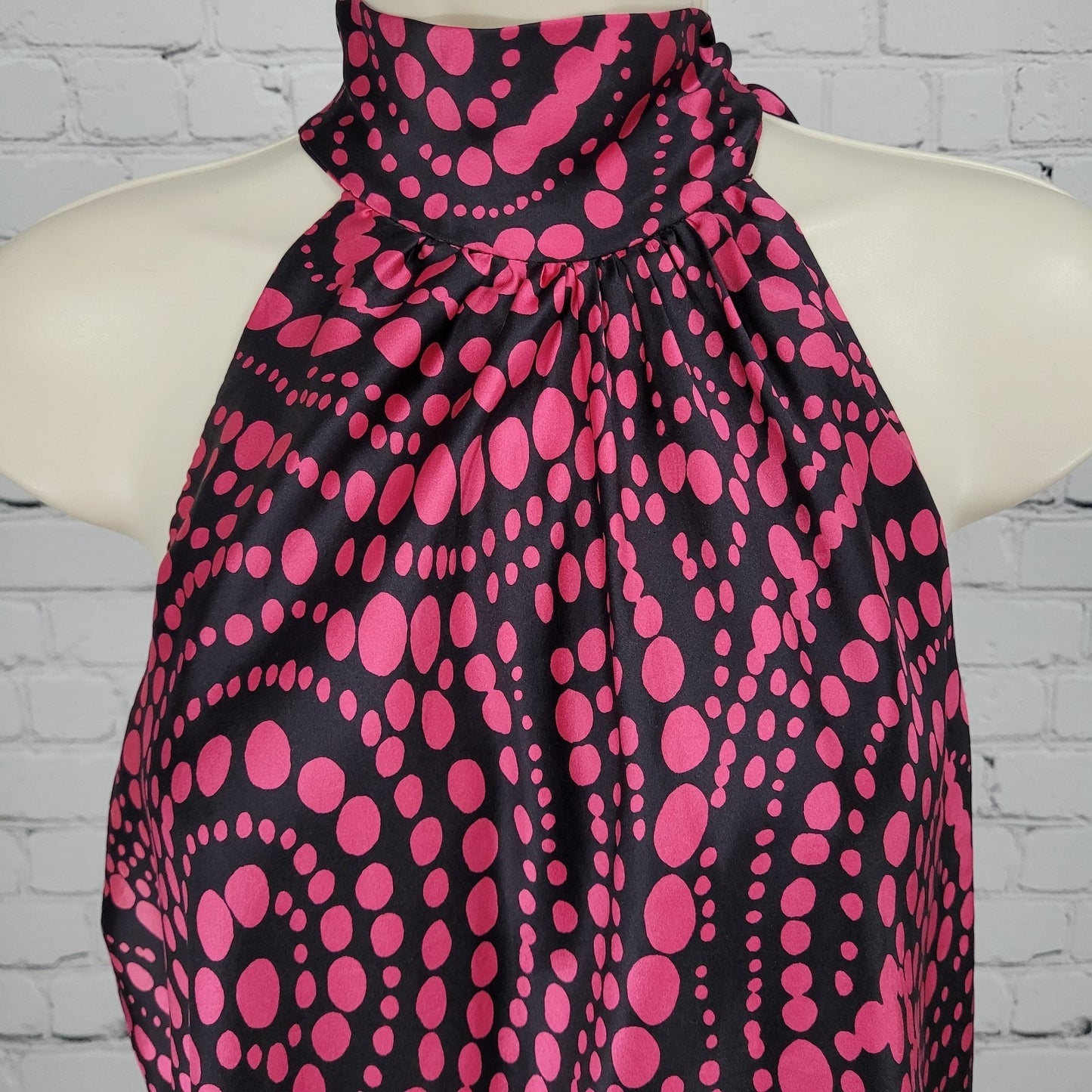 INC Black Pink 100% Silk Dots Sleeveless High Neck Tie Lined Top Blouse 14