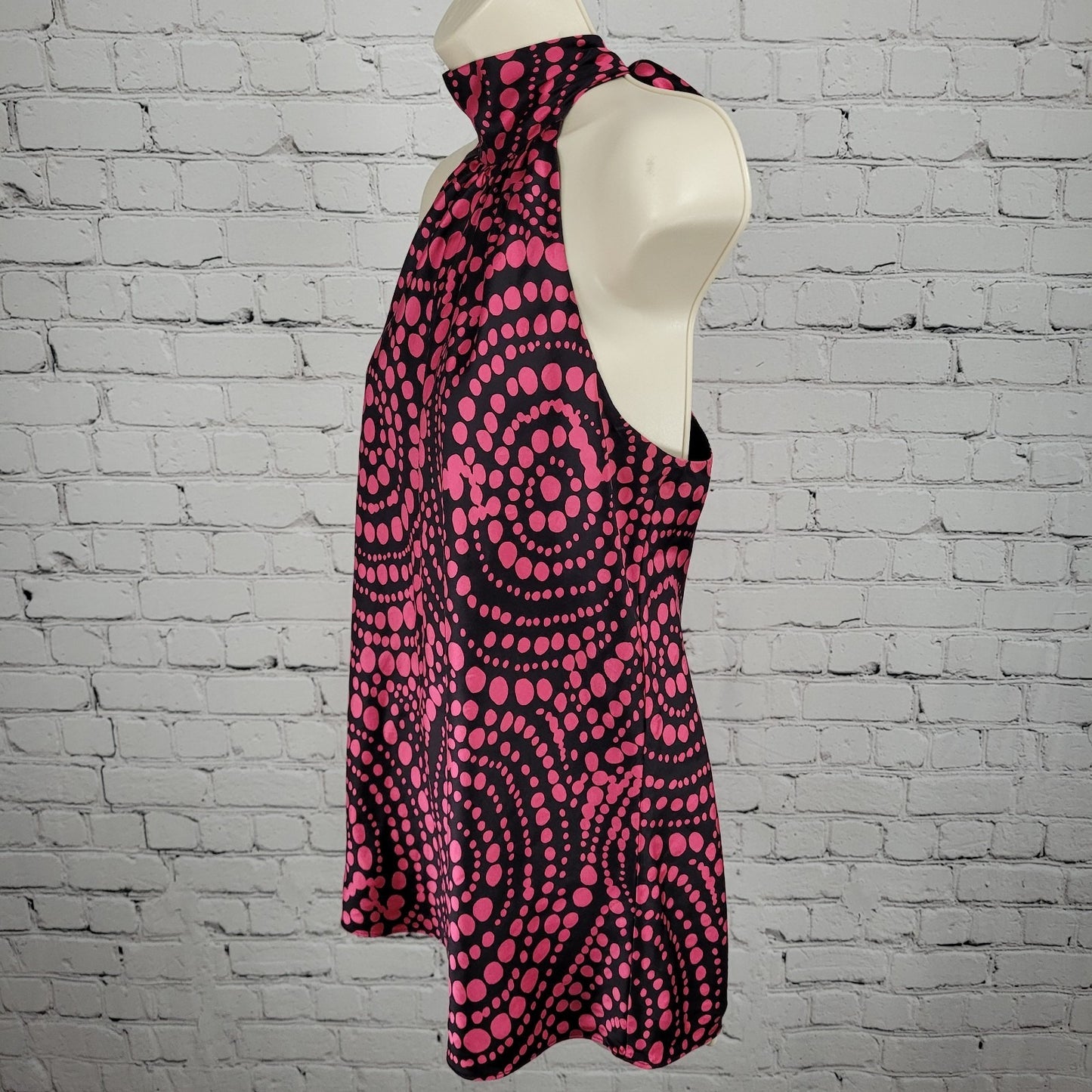 INC Black Pink 100% Silk Dots Sleeveless High Neck Tie Lined Top Blouse 14