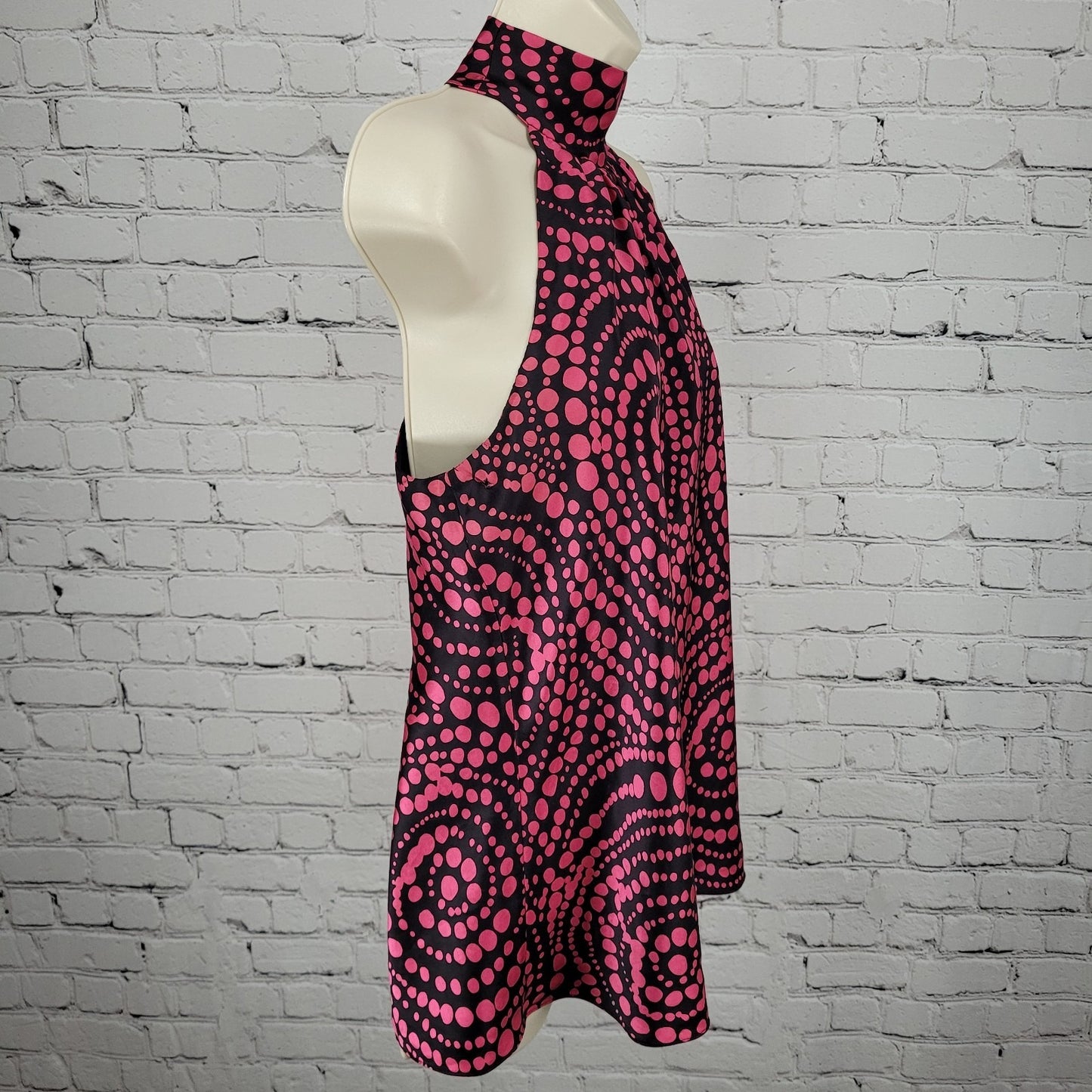INC Black Pink 100% Silk Dots Sleeveless High Neck Tie Lined Top Blouse 14