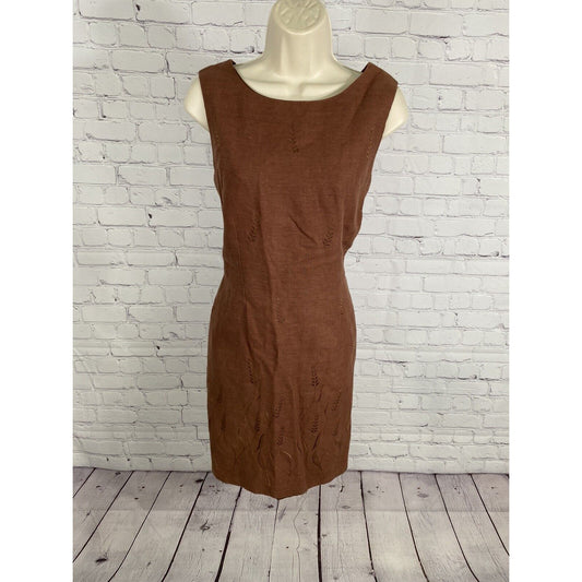 John Roberts Brown Linen Embroidered Lined Sleeveless Knee Length Shift Dress 12