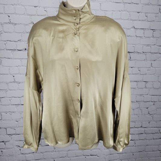 Dana Buchman Gold 100% Silk Button Up Long Sleeve Padded Blouse Shirt Size 14
