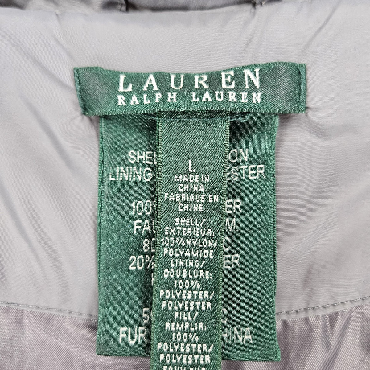 Lauren Ralph Lauren Grey Insulated Zip Parka Puffer Jacket Long Coat Large L