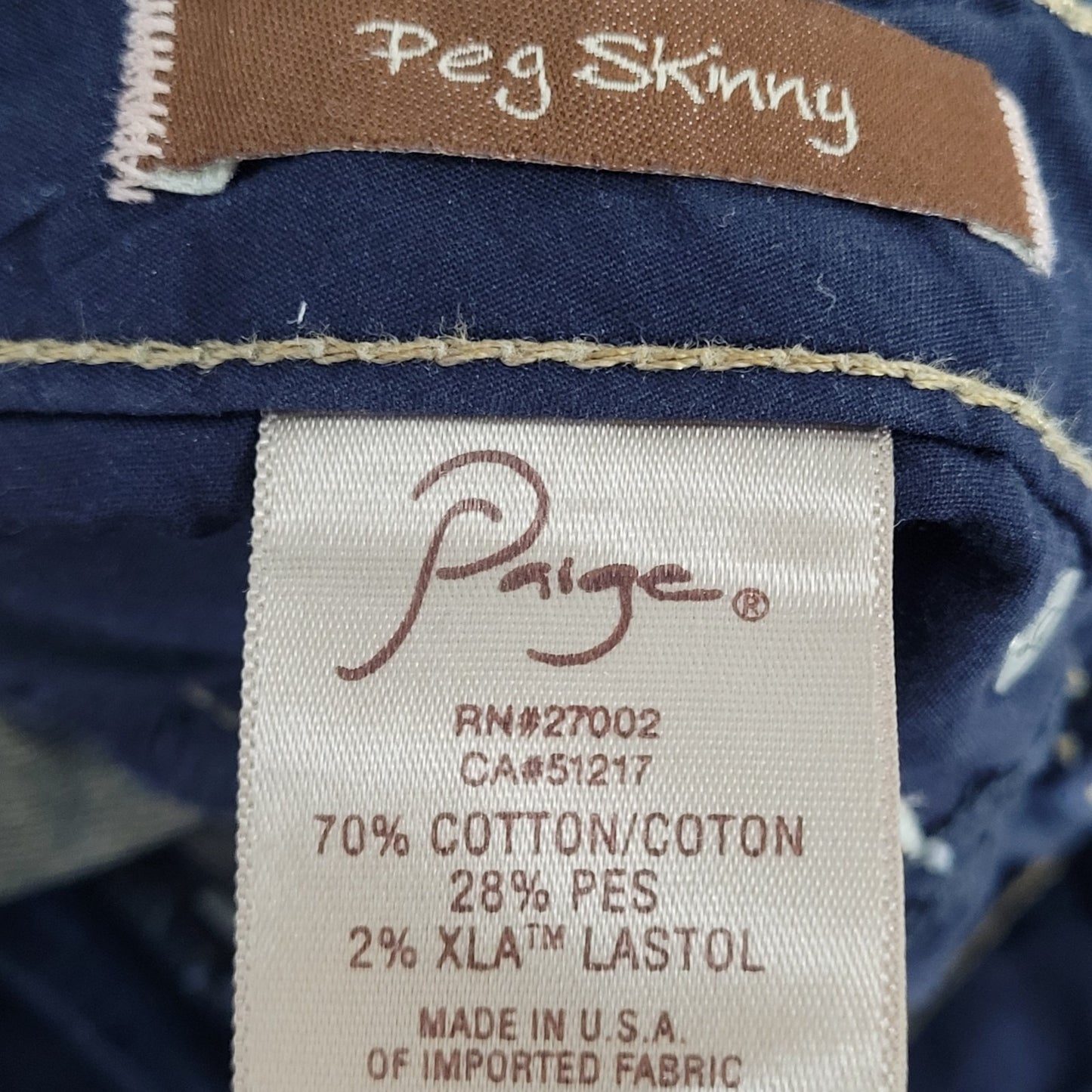 Paige Peg Skinny Blue Dark Wash Low Rise Stretch Jeans USA Made Size 27 (30x32)