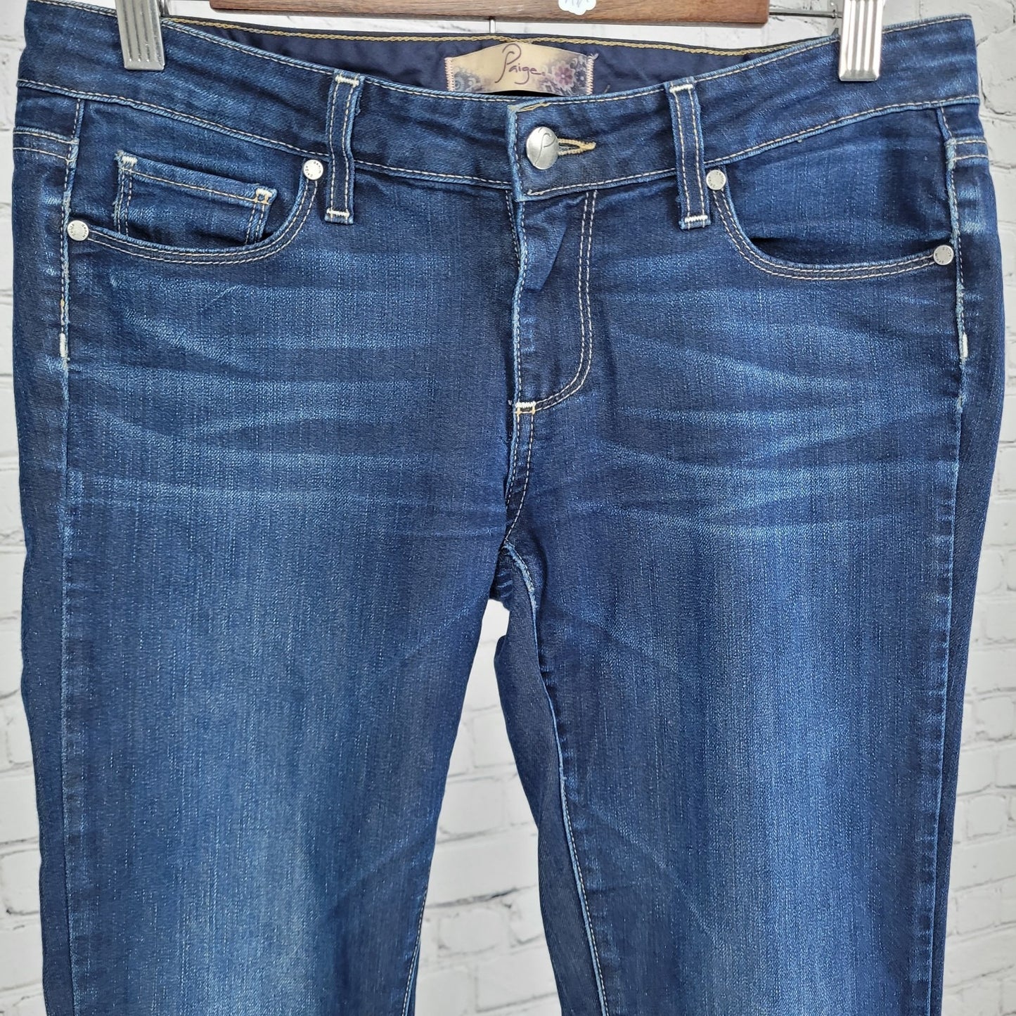 Paige Peg Skinny Blue Dark Wash Low Rise Stretch Jeans USA Made Size 27 (30x32)