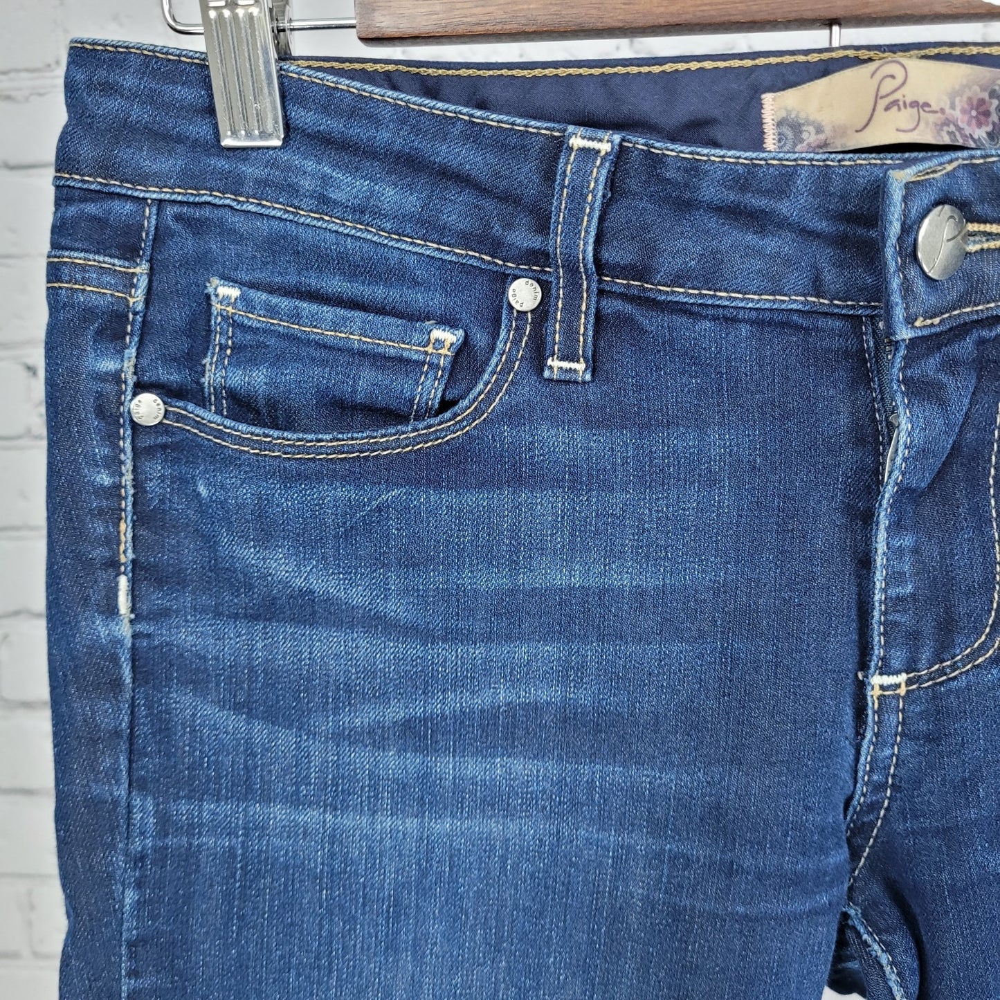 Paige Peg Skinny Blue Dark Wash Low Rise Stretch Jeans USA Made Size 27 (30x32)