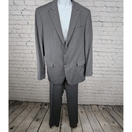 Egara Grey 100% Wool Full Suit Set 2 Piece Peak 2 Button Slim Fit Blazer 44L/38