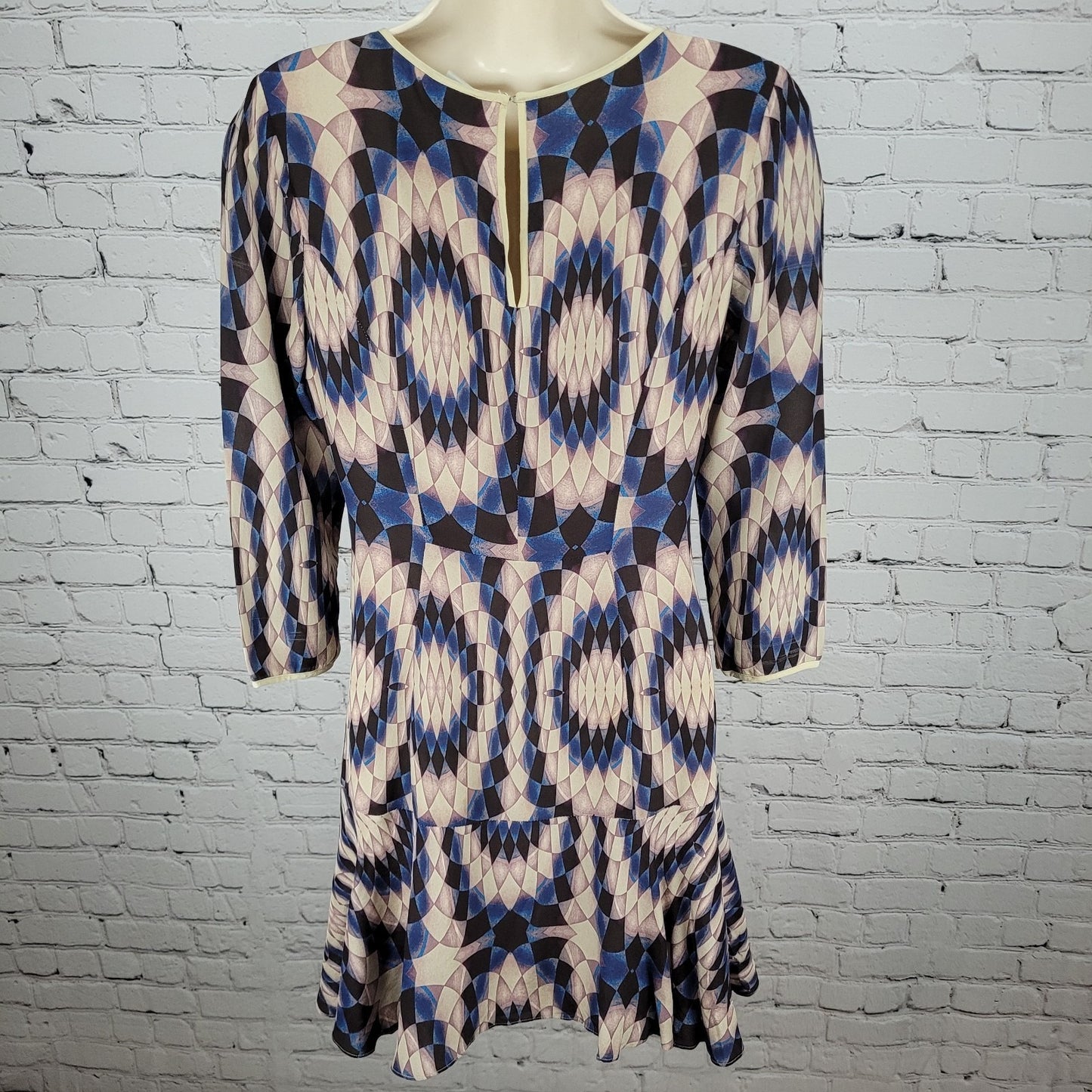 Reiss Multicolor Silk Geometric Print 3/4 Sleeve Lightweight Lined Dress Size 4