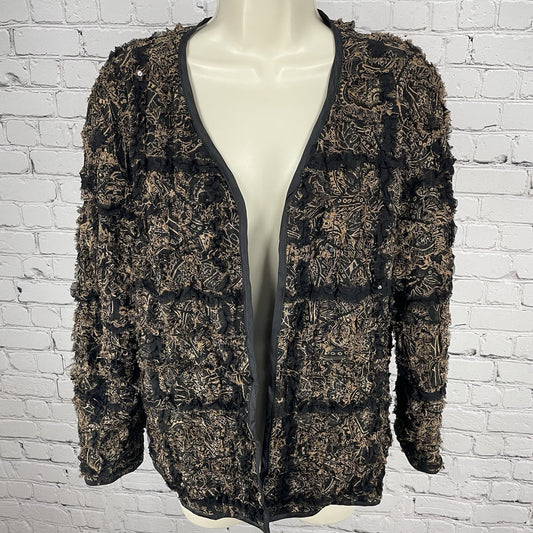 Chico’s Brown Silk Blend Textured Ruffle Lightweight Open Jacket Size 1 (US 8)