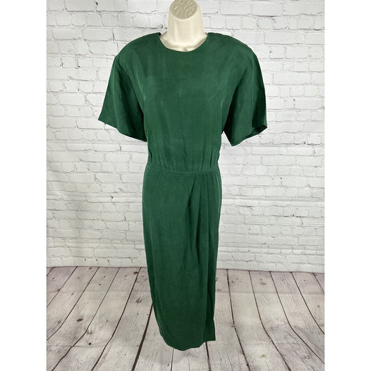 VTG Papell Too 100% Silk Green Short Sleeve Shoulder Pad Back Buttons Dress 12