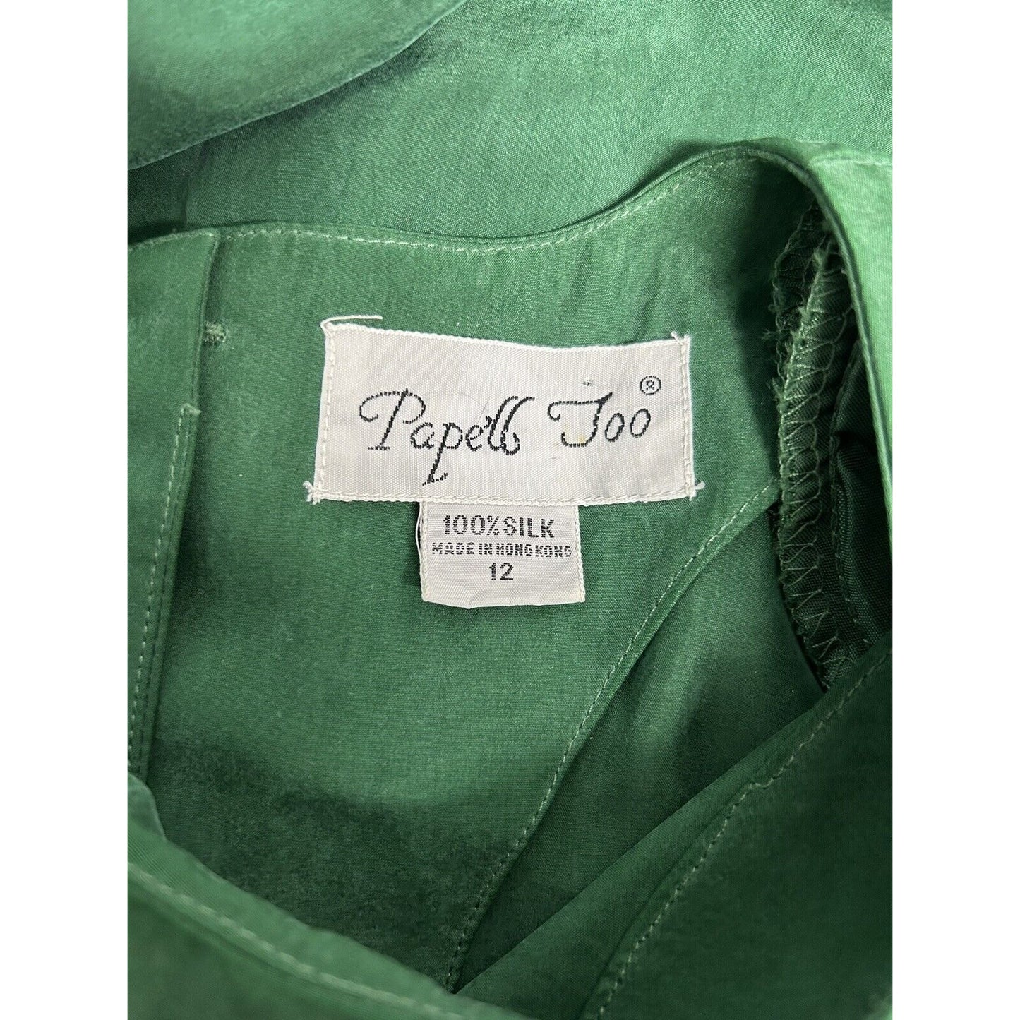 VTG Papell Too 100% Silk Green Short Sleeve Shoulder Pad Back Buttons Dress 12