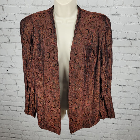 VTG Karen Miller Red & Gold Metallic Brocade Open Lined Jacket USA Made Size 16