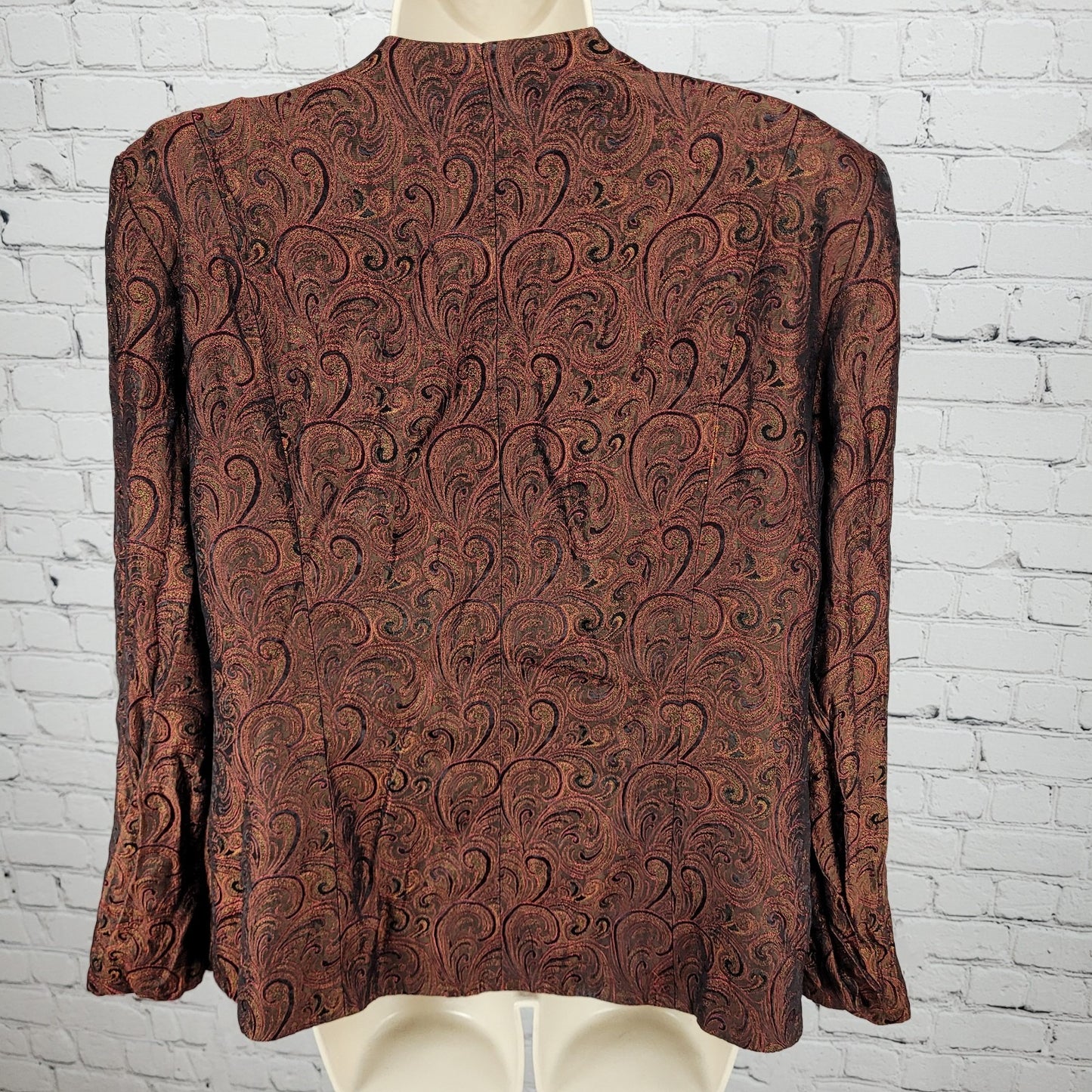 VTG Karen Miller Red & Gold Metallic Brocade Open Lined Jacket USA Made Size 16