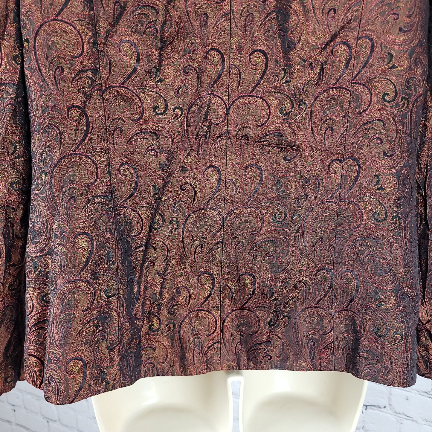 VTG Karen Miller Red & Gold Metallic Brocade Open Lined Jacket USA Made Size 16
