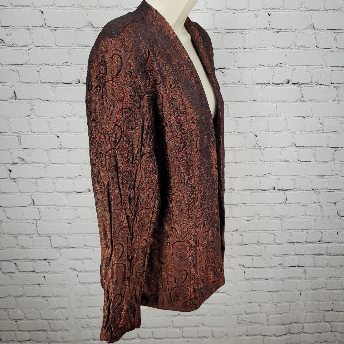 VTG Karen Miller Red & Gold Metallic Brocade Open Lined Jacket USA Made Size 16