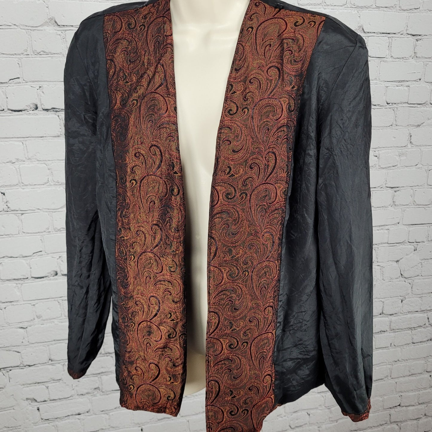 VTG Karen Miller Red & Gold Metallic Brocade Open Lined Jacket USA Made Size 16