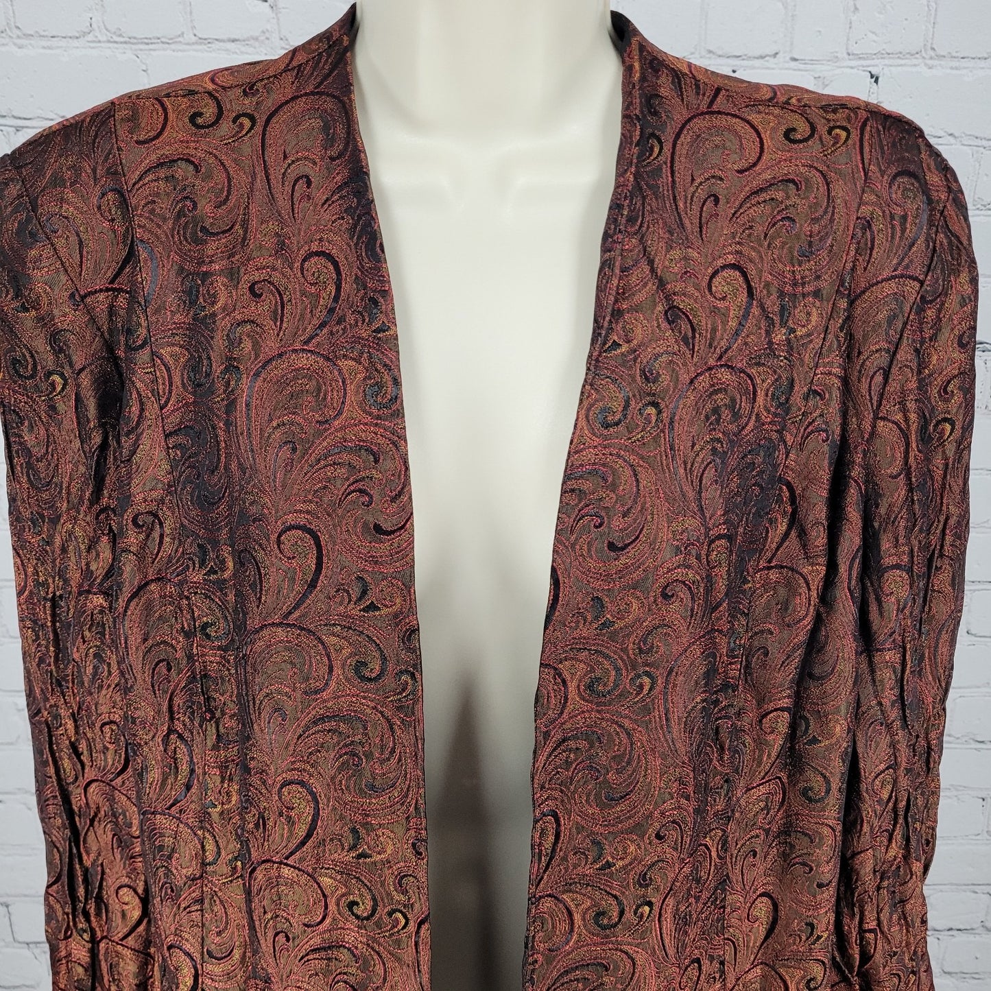 VTG Karen Miller Red & Gold Metallic Brocade Open Lined Jacket USA Made Size 16