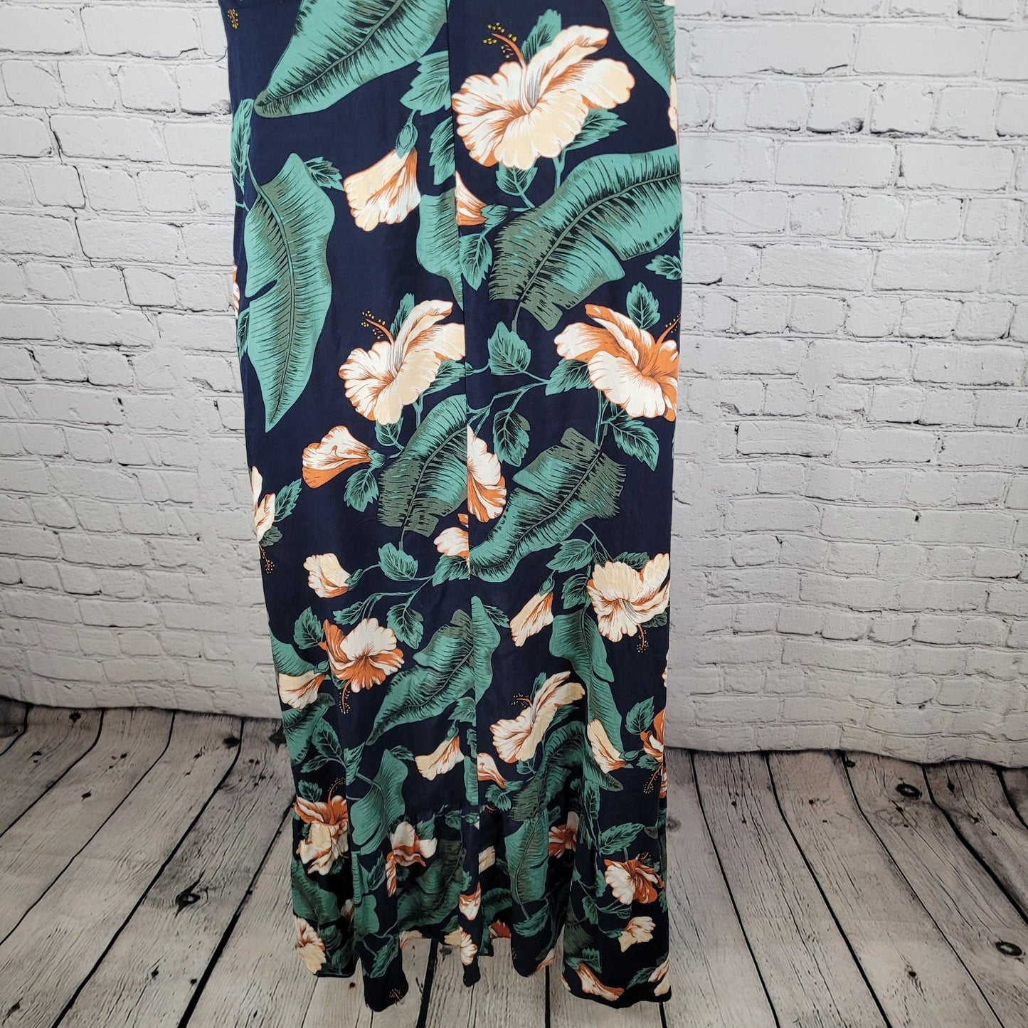 XIX PALMS Navy Hawaiian Floral Short Sleeve Wrap Hi Low Maxi Dress Hawaii Size 3