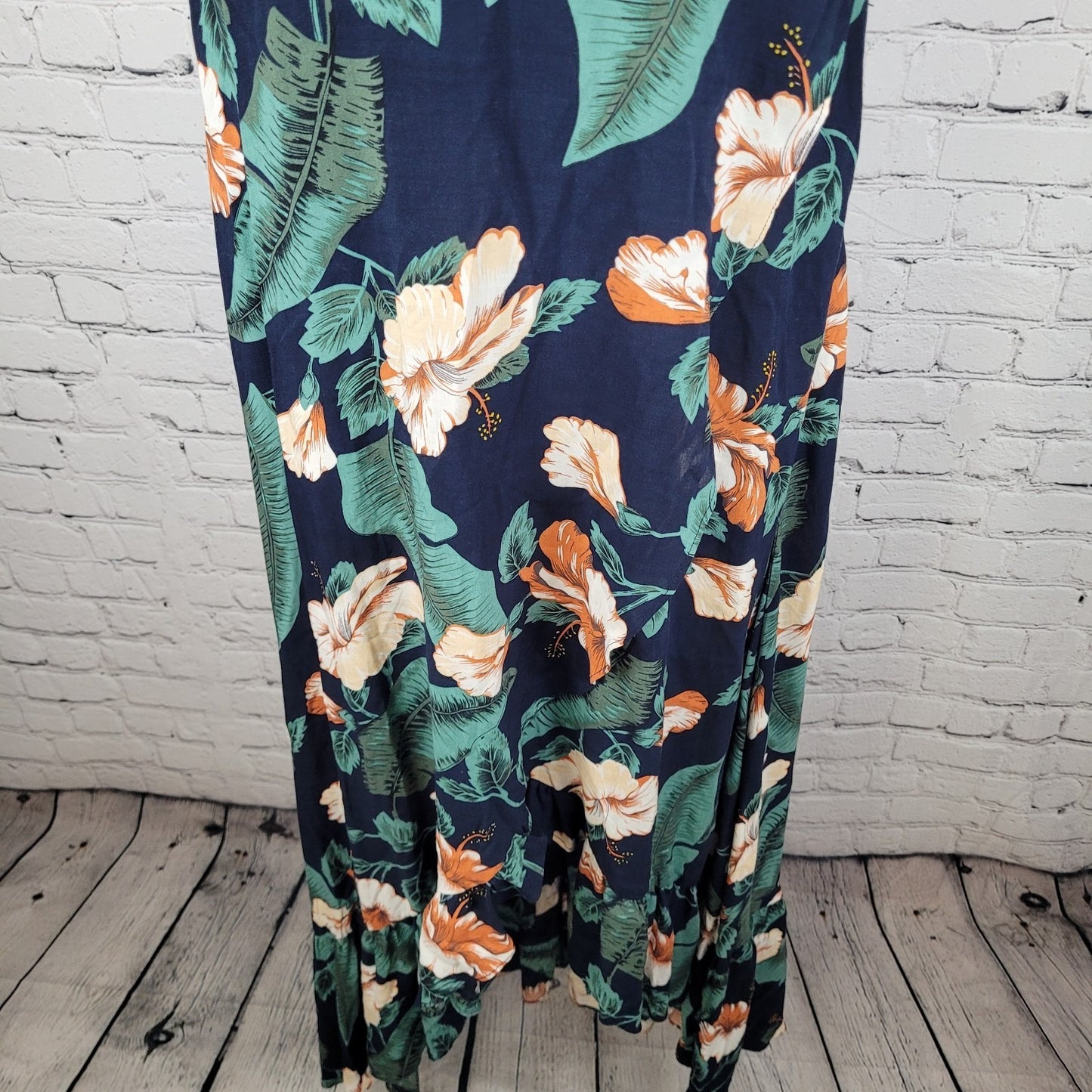 XIX PALMS Navy Hawaiian Floral Short Sleeve Wrap Hi Low Maxi Dress Hawaii Size 3