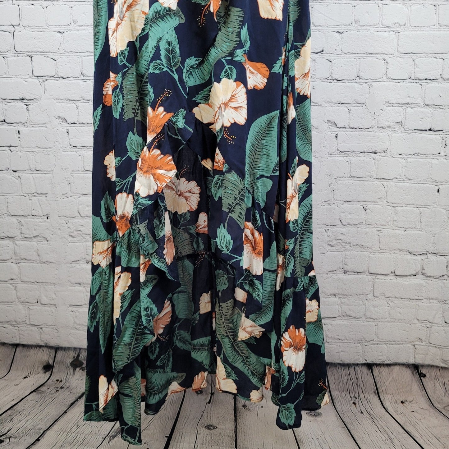 XIX PALMS Navy Hawaiian Floral Short Sleeve Wrap Hi Low Maxi Dress Hawaii Size 3