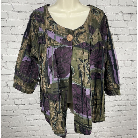 NWT Tantrums Green & Purple Rose Pleated Wood Buttoned 3/4 Sleeve Blouse Size 1X