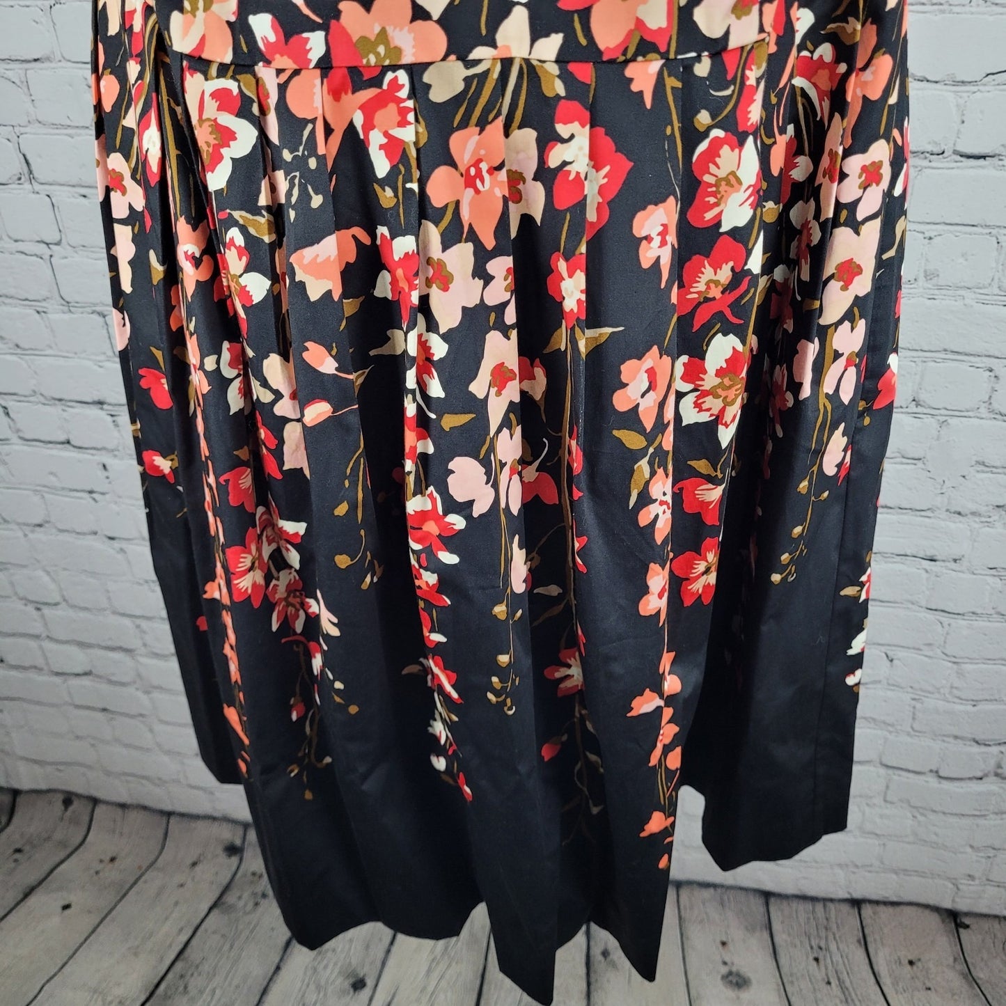 Talbots Black Multicolor Floral Sleeveless A-line Pleated Lined Midi Dress 14WP