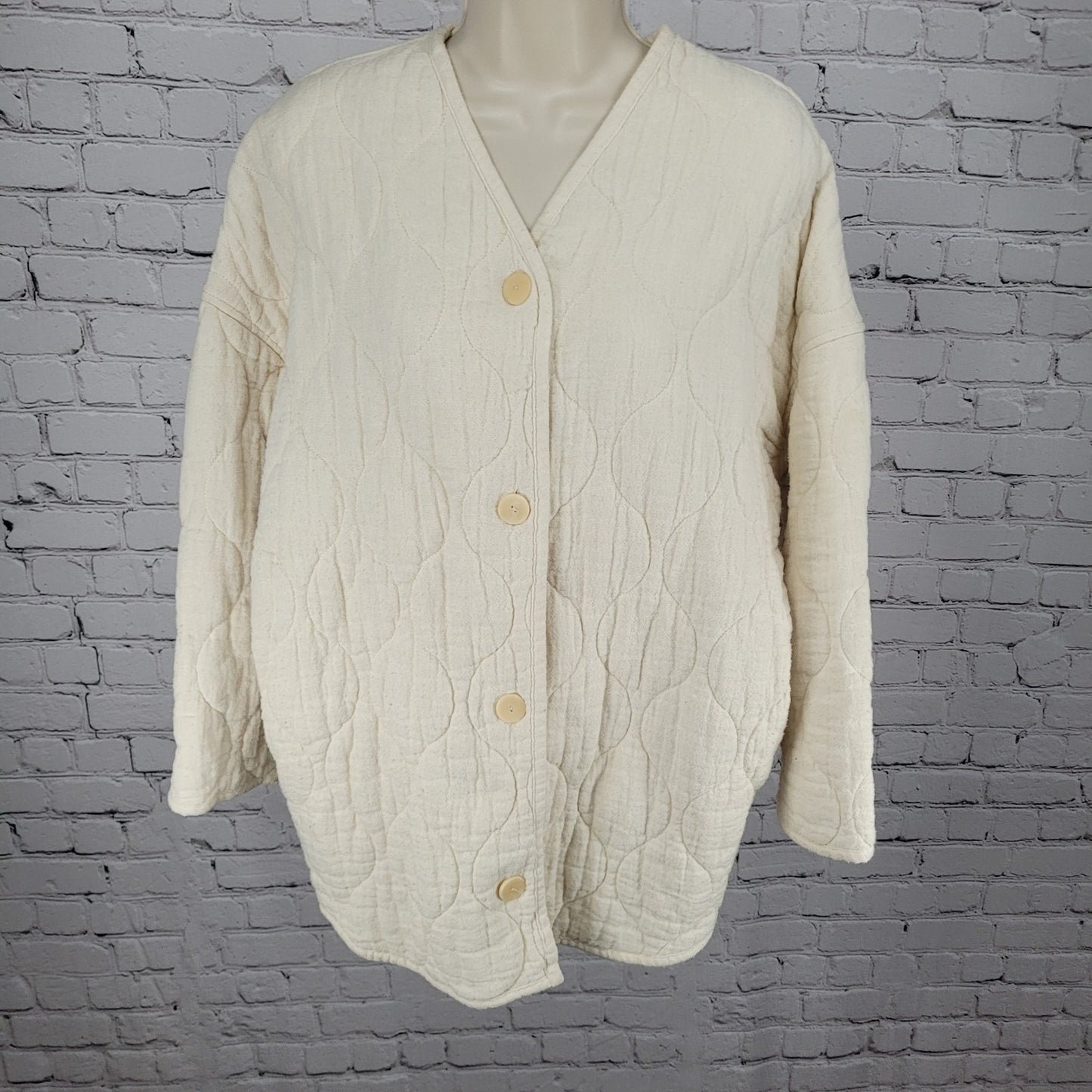 Zara Ivory Cream Quilted Cotton Buttoned Collarless Pockets Jacket Size Small S