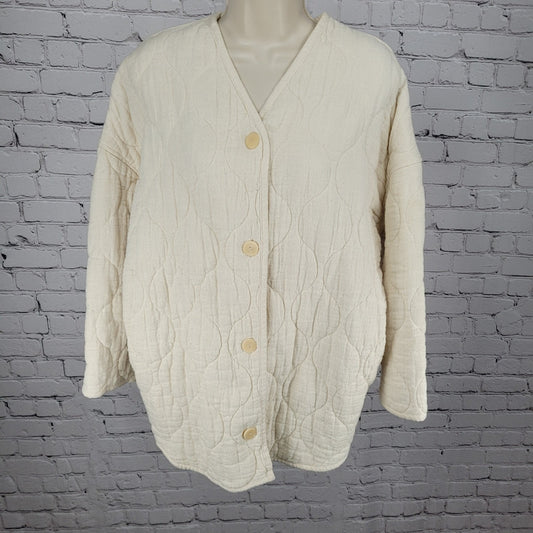Zara Ivory Cream Quilted Cotton Buttoned Collarless Pockets Jacket Size Small S