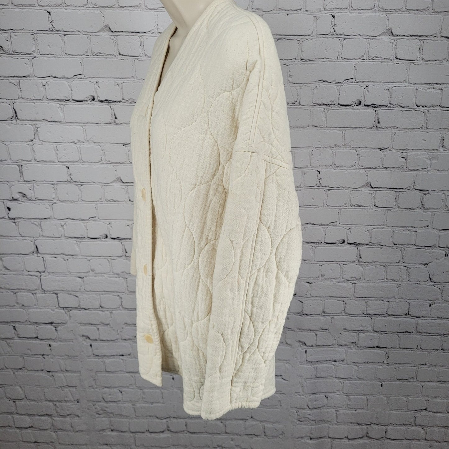Zara Ivory Cream Quilted Cotton Buttoned Collarless Pockets Jacket Size Small S