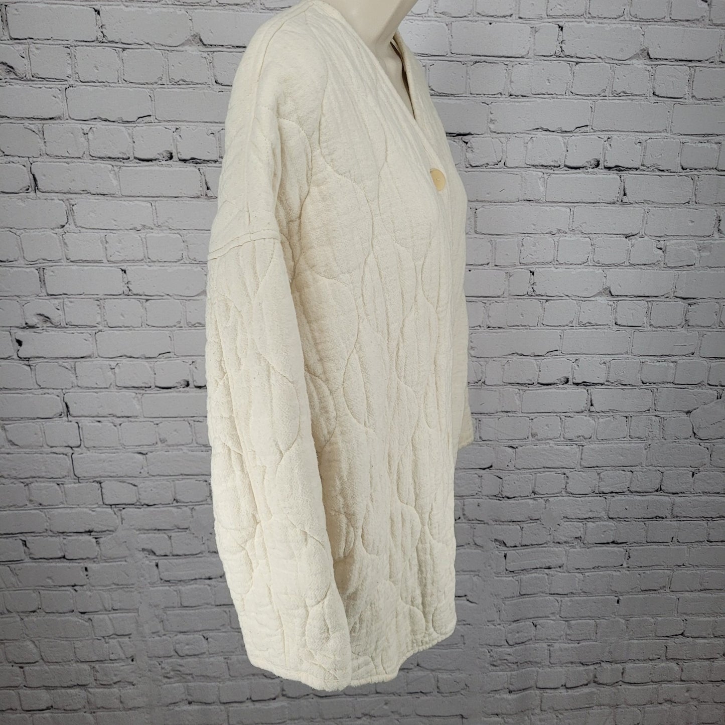 Zara Ivory Cream Quilted Cotton Buttoned Collarless Pockets Jacket Size Small S