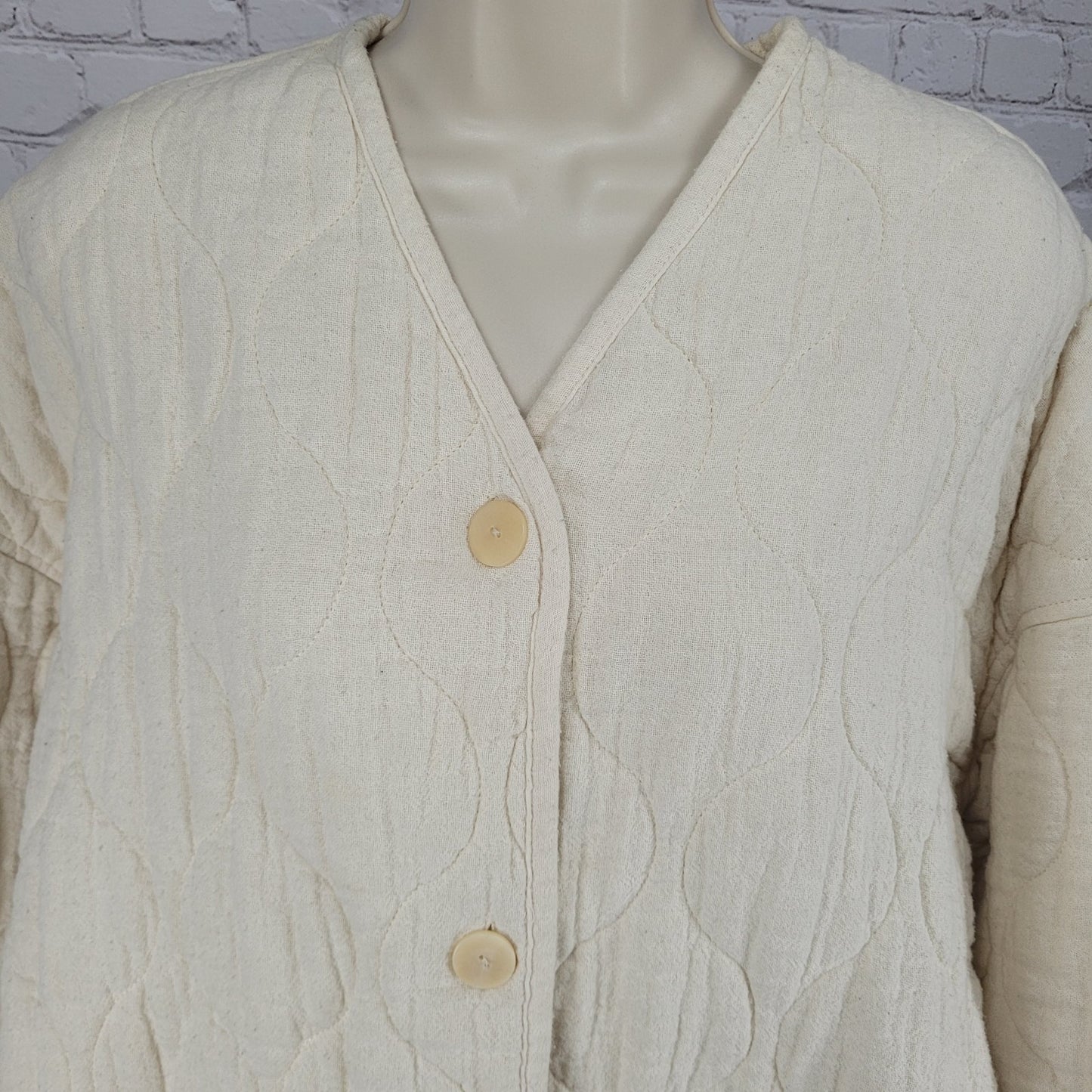 Zara Ivory Cream Quilted Cotton Buttoned Collarless Pockets Jacket Size Small S