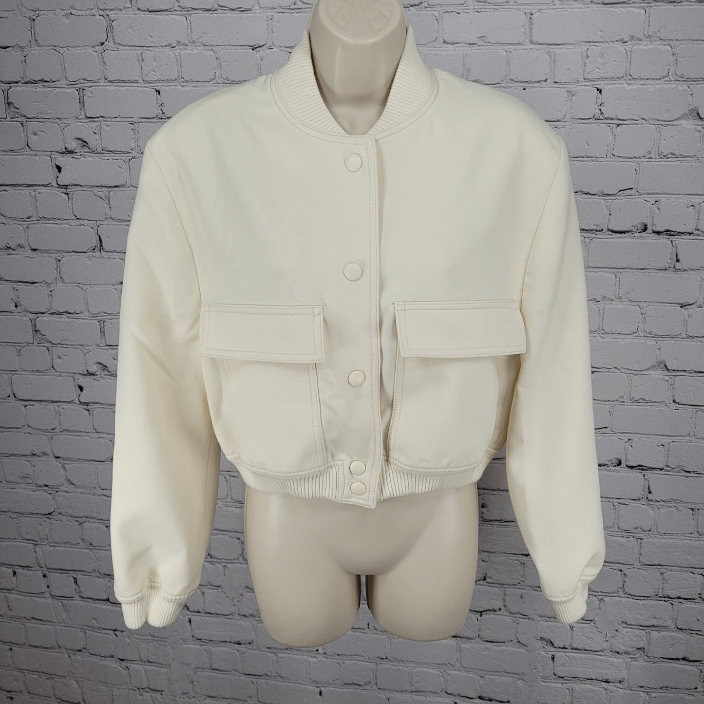 Zara Ivory Snap Knit Collar Cuffs Lined Boxy Short Bomber Jacket Small S