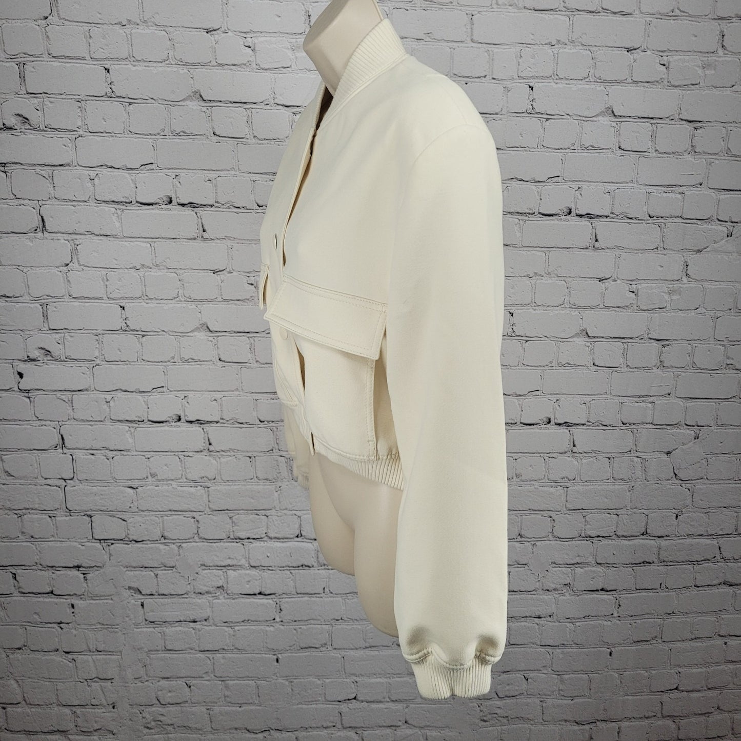 Zara Ivory Snap Knit Collar Cuffs Lined Boxy Short Bomber Jacket Small S