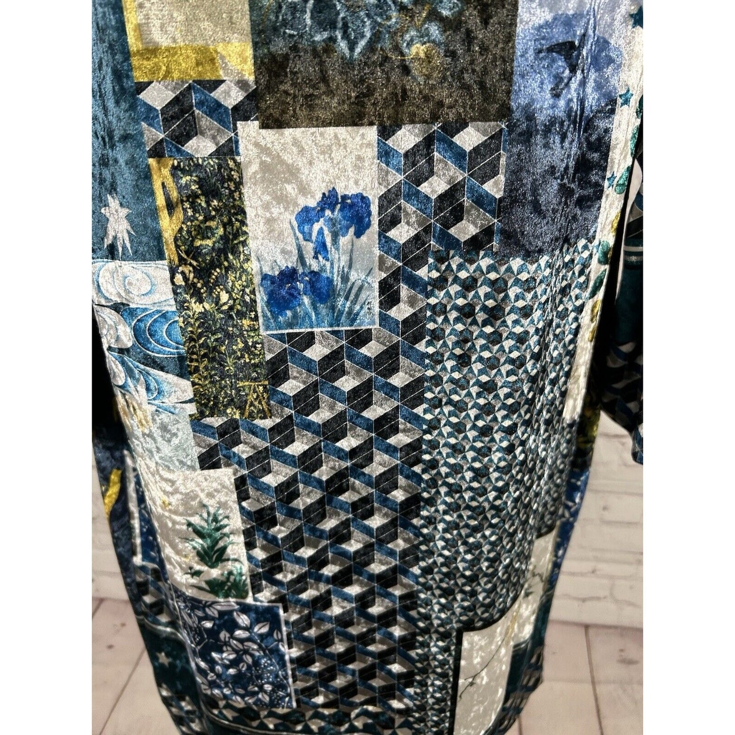 Vilagallo Velvet Floral Geometric Back Zip 3/4 Sleeve Shift Dress Women’s M