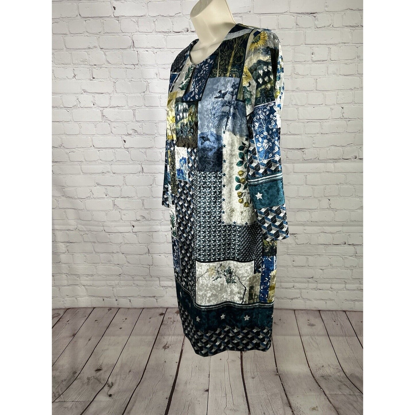 Vilagallo Velvet Floral Geometric Back Zip 3/4 Sleeve Shift Dress Women’s M