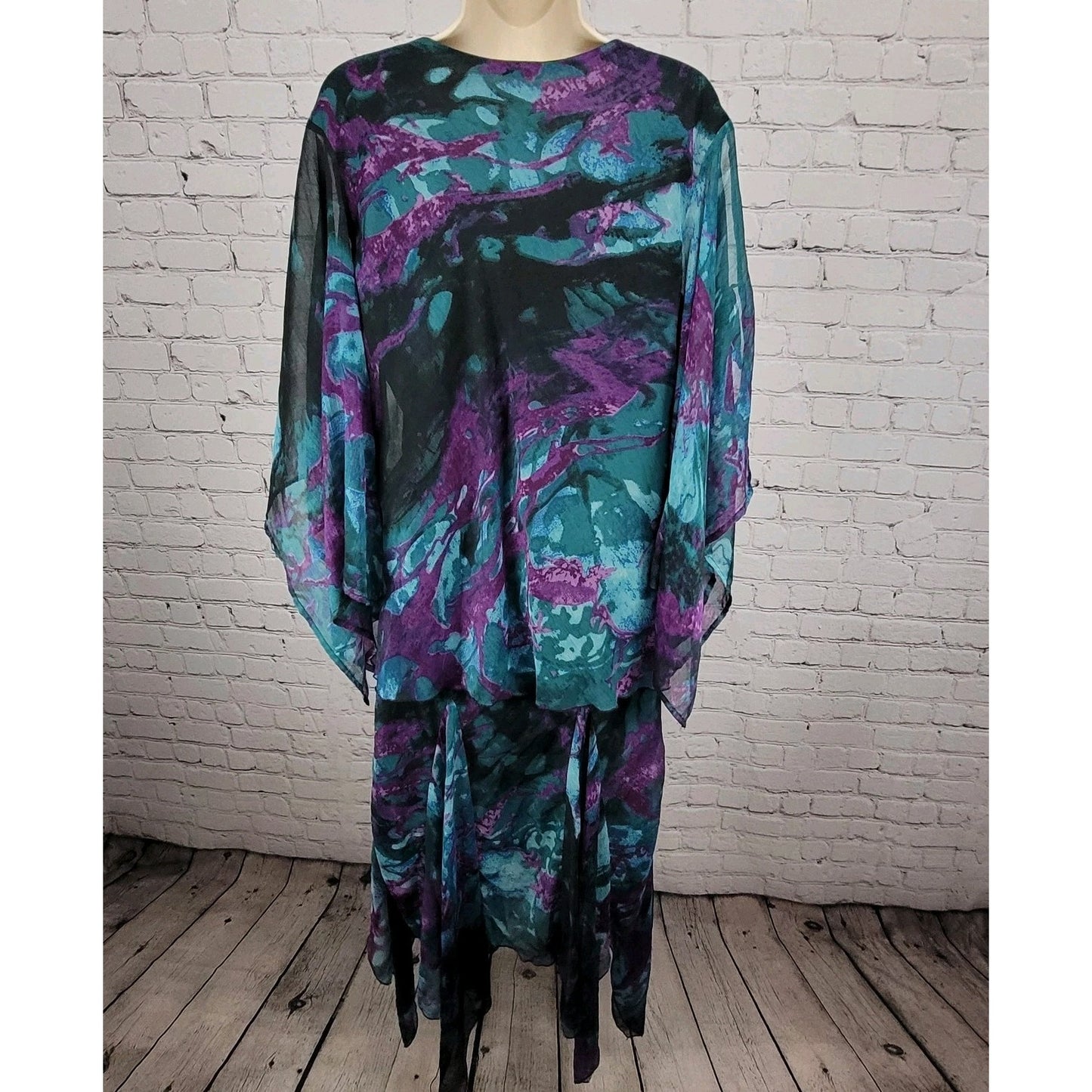 VTG Pegasus Woman Purple Chiffon Sequin 2 Piece Skirt Set Blouse Outfit Reg Size