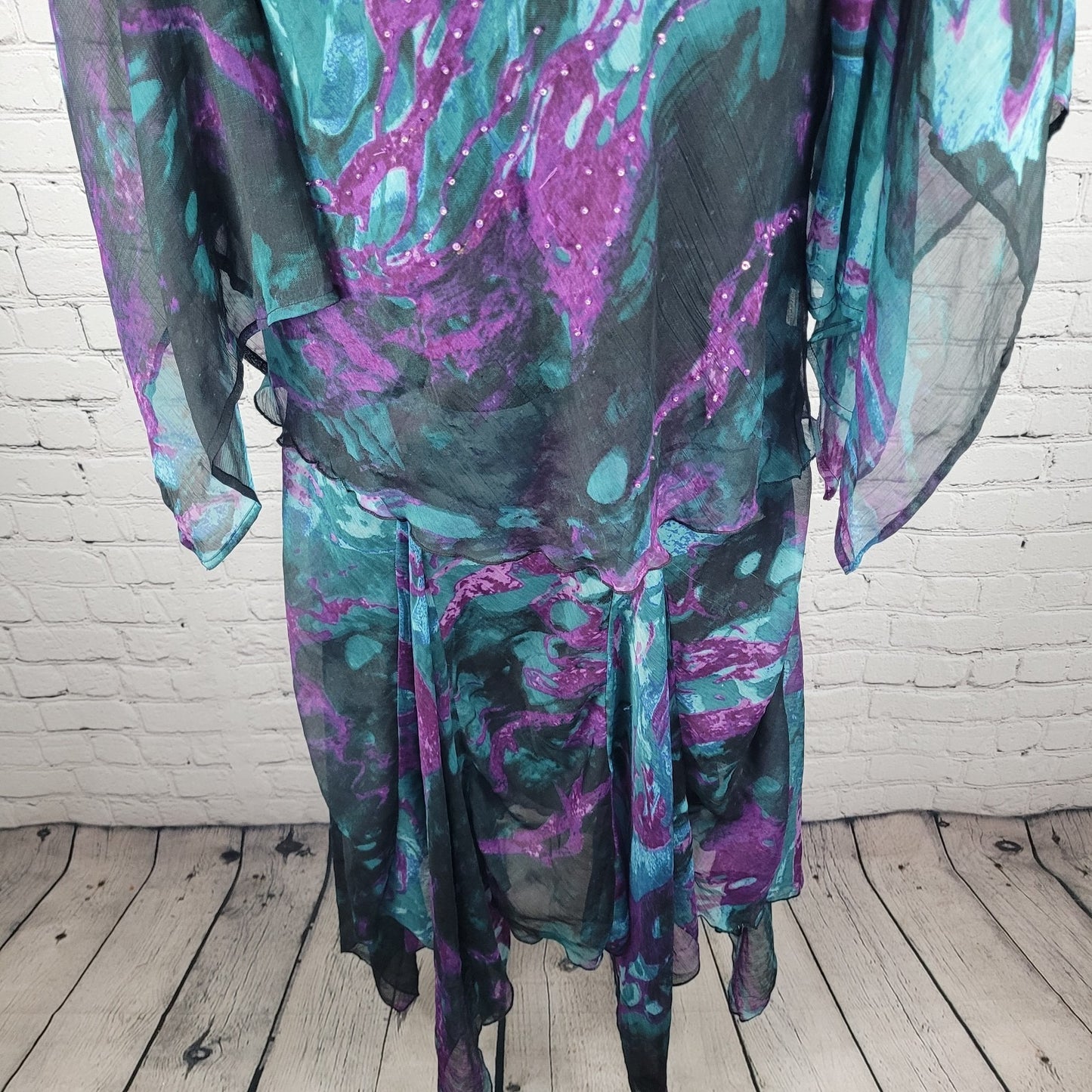 VTG Pegasus Woman Purple Chiffon Sequin 2 Piece Skirt Set Blouse Outfit Reg Size