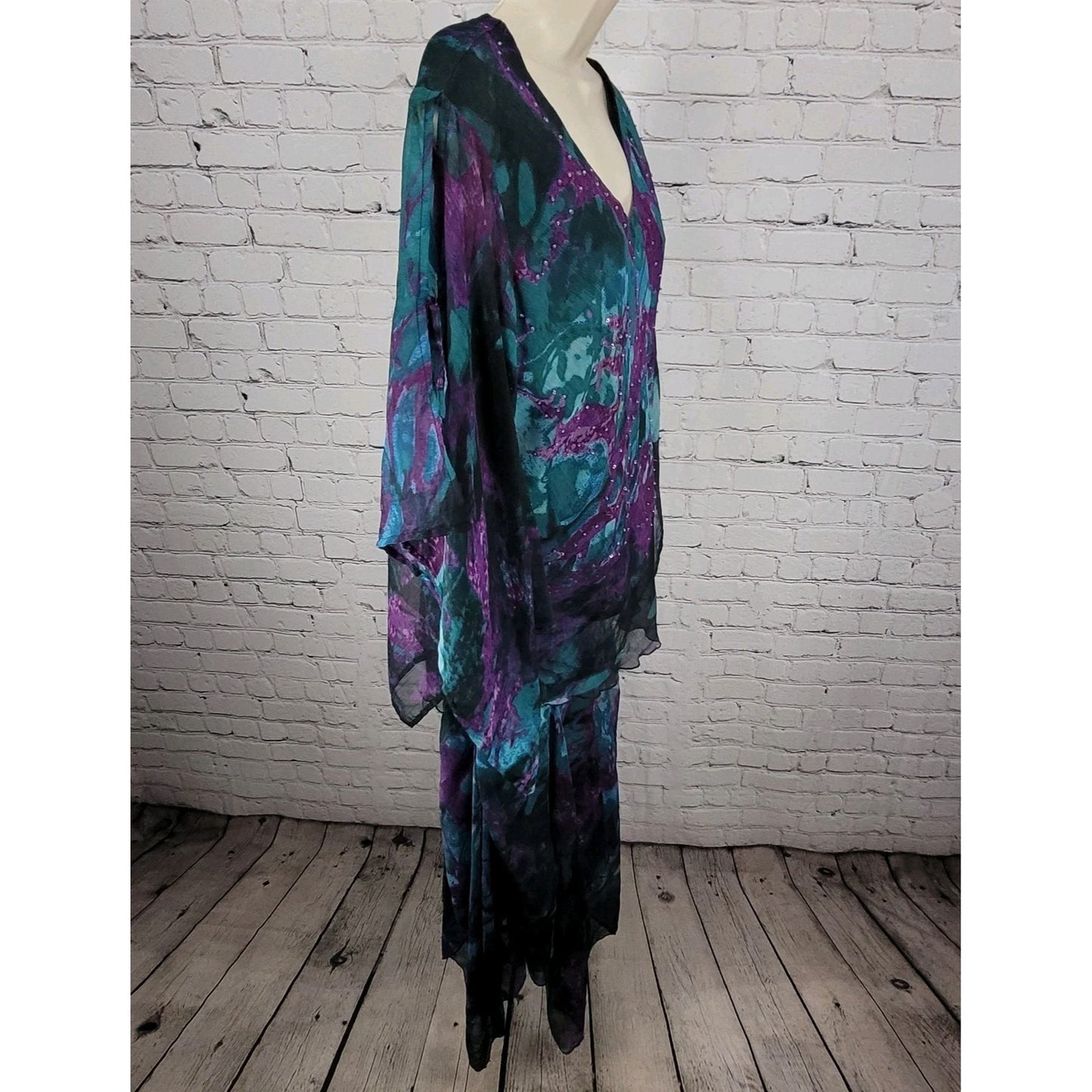 VTG Pegasus Woman Purple Chiffon Sequin 2 Piece Skirt Set Blouse Outfit Reg Size