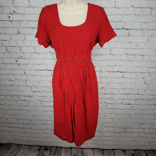 VTG John Roberts Red Embellished Waist Tie Short Sleeve Midi Dress USA Size 6